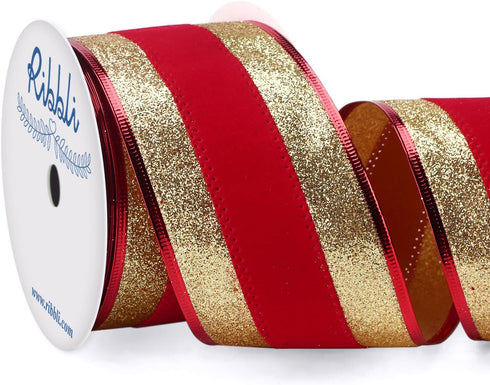 Ribbli Gold Glitter Wired Ribbon with Red Velvet Stripe 2-1/2 Inch x Continuous 10 Yard Christmas Ribbon for Big Bow,Gift Wrapping,Wreath,Tree Dec...