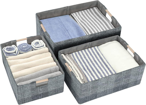 Fabric Storage Bin Box Collapsible Cotton Linen Storage Cube with Wooden Handles Rectangular Decorative Home Organizer Clothes Blanket Basket– Dar...