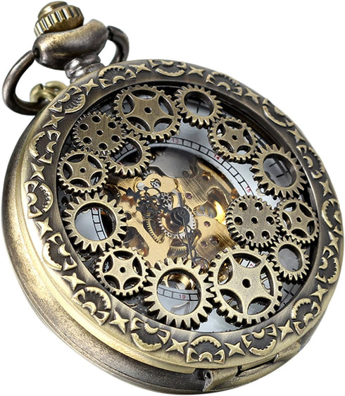 Avaner Steampunk Retro Half Hunter Copper Gear Skeleton Hand Wind Mechanical Roman/Arabic Numeral Analog Display Pocket Watch with 14" Chain...