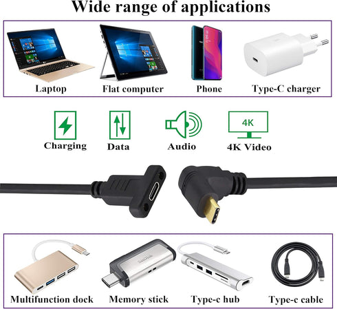 90 Degree USB 3.1 Type C Panel Mount Cable Gen 2 Up&Down Angle Type C 3.1 Female Panel Mount to Male Cable,Supports Charging,Data,Audio,Video Cabl...