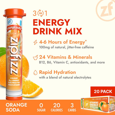 Zipfizz Daily Energy Drink Powder, Orange Soda, 12 Pack | 3-in-1 Sustained Energy, Rapid Hydration, and Essential Vitamins | Sugar-Free | Electrol...
