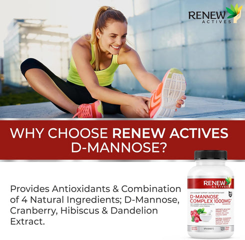 Renew Actives HIGH Potency D-Mannose & Cranberry Complex 1000MG – with Premium Hibiscus, Dandelion Herb Extracts – Antioxidant Support - NO Artifi...