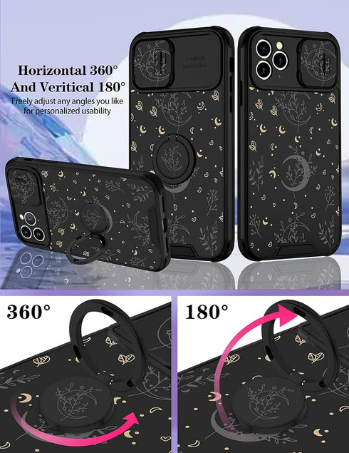 Goocrux (2in1 for iPhone 11 Pro Max Case Moon Plants Women Girls Cute Phone Cover Flower Heart Stars Space Design with Slide Camera Cover+Ring Fas...