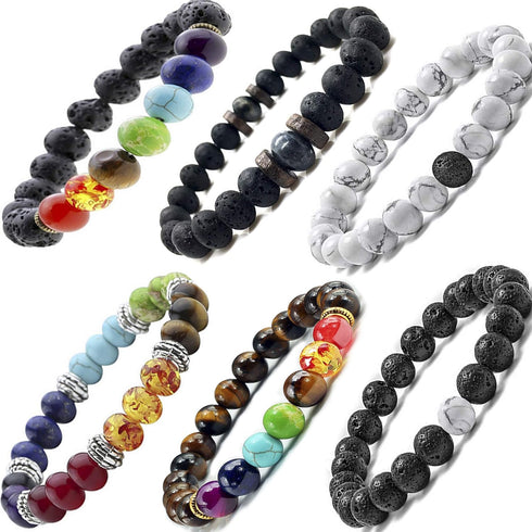 Black Lava Stone 7 Chakra Bracelets, 8mm Yinyang Rock Bead Elastic Natural Gemstones Oil Diffuser Yoga Menditation Beads Bracelets for Men Women G...