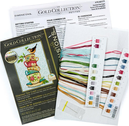Dimensions 70-65171 Gold Collection Stacked Tea Cups Advanced Counted Cross Stitch Kit, 18 Count White Aida, 7" x 5"...