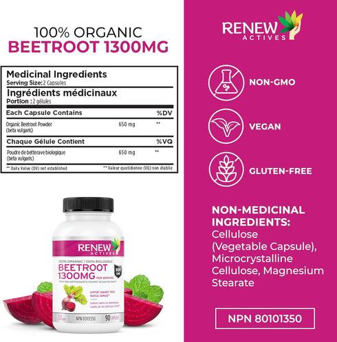 Renew Actives Organic Beetroot Supplement: 1300mg Extract for High Antioxidant Levels - Promotes Wellness - 90 Veggie Capsules...