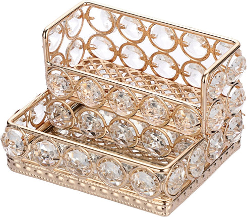 Hipiwe 2 Tiers Crystal Business Card Holder Stand Gold Mirrored Business Card Display Stand Organizer Desktop Business Card Storage Holder for Off...