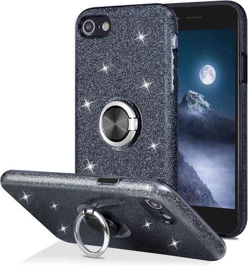 Wisdompro Case for iPhone SE 2022/2020, for iPhone 8, for iPhone 7, Cute Glitter Bling Sparkly Case with Ring Stand, Women Girls Protective Phone ...
