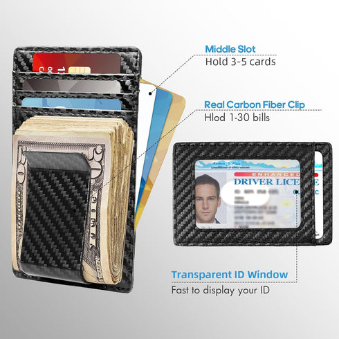 Travelambo Money Clip for Men Carbon Fiber Clip Wallet Leather Slim Minimalist Card Holder RFID Blocking (Weaved Black)...