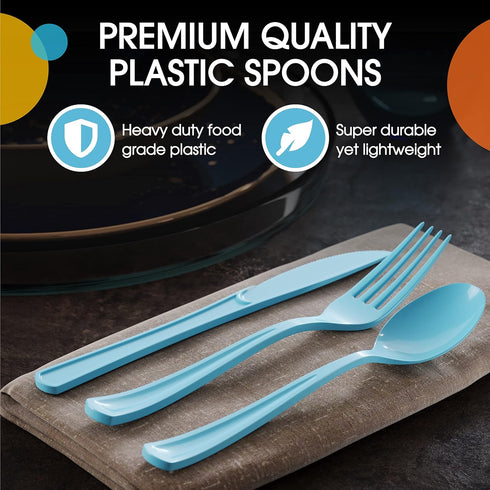 Disposable Light Blue Plastic Spoons 50 Pcs - Heavy Duty Light Blue Plastic Disposable Cutlery - Light Blue Disposable Flatware, Light Blue Plasti...