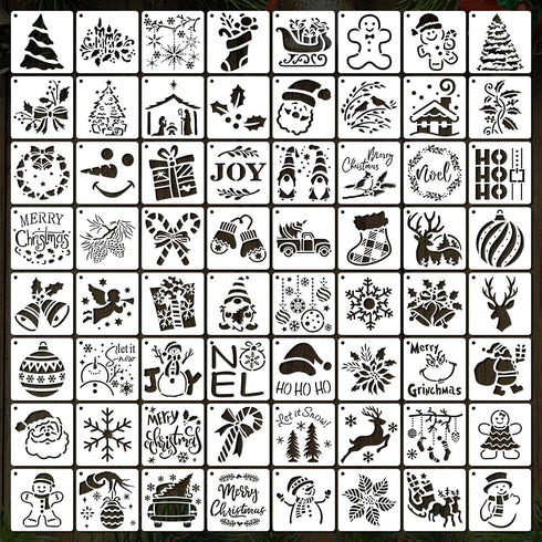 64Pcs Small Christmas Stencils, 3X3 Inch Reusable Craft Stencil for Painting on Wood, Fabric, Paper, Windows, DIY Christmas Ornaments, Cards, Deco...