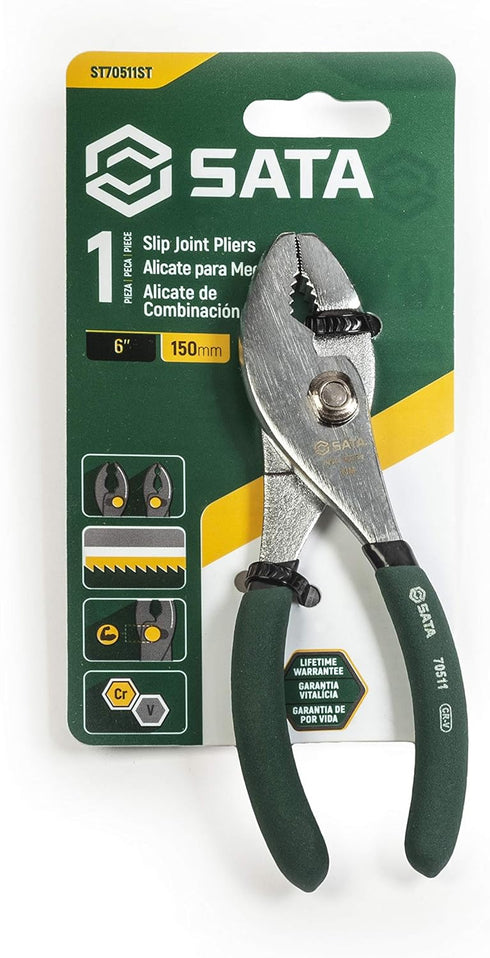 SATA 6-Inch Slip-Joint Pliers, Chrome Vanadium Steel Body, with Green Handles and Rivet Joint Assembly - ST70511ST...