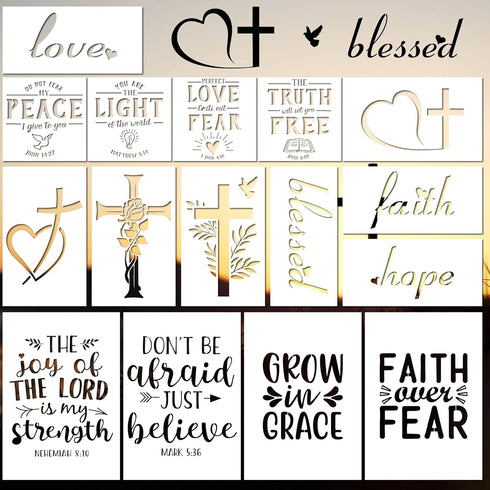 Christian Stencils for Painting - 16 Pcs Christian Stencils for Painting on Wood, Fogiven Cross Stencils for Painting on Wall Home Decor, Religiou...
