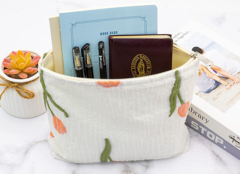 PAZIMIIK Makeup Bags for Purse Zipper Cosmetic Pouch Large Travel Canvas Make Up Organizer Tool Pouch for Women and Girls,Tulip White...
