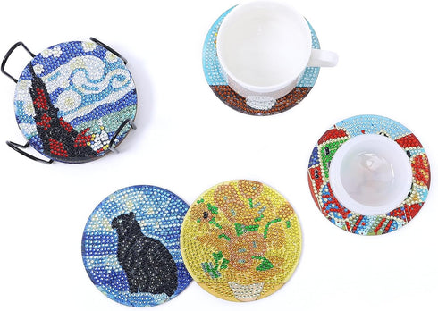 LINGFANG 8 Pcs Diamond Painting Coasters Kits, Van Gogh Sunflowers DIY Diamond Art with Holder & Cork Pad Non Slip Coaster for Beginners, Diamond ...