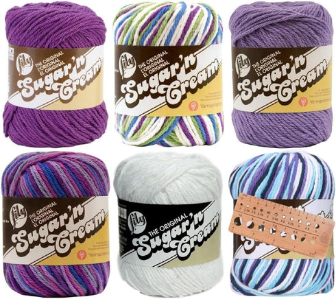 Variety Assortment Lily Sugar 'n Cream Yarn Bundle 100% Cotton Worsted #4 Weight Solids & Ombres with Needle Gauge (Mix 236)......