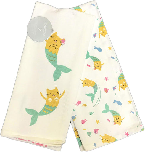 ENVOGUE Cute Mercats Cat Mermaids Swimming with Fish Set of Two Decorative Novelty Kitchen Hand Towels 18" x 28"...