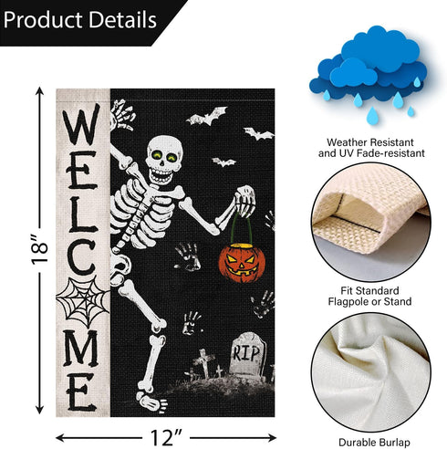 Louise Maelys Halloween Skull Garden Flag 12x18 Double Sided, Burlap Small Spooky Welcome Halloween Pumpkin Bat Yard House Flags Seasonal Holiday ...