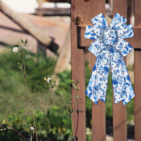 2 Rolls Spring Ribbons Linen Blue Flower Spring Decor Ribbons Spring Flower Leaves Floral Wired Ribbons for Spring Party Gift Wrapping Home Decora...