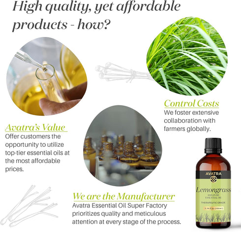 Avatra Lemongrass Essential Oil for Scalp, Skin, & Diffuser | Aromatherapy | Soaps & Candles | Pure & Natural Essential Oil- 3.38 Fl Oz...