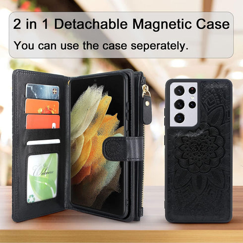 Harryshell Detachable Magnet Zipper Wallet Case Pocket with 12 Card Slots Holder Wrist Strap for Samsung Galaxy S21 Ultra 5G (6.8 Inch) (2021) SM-...