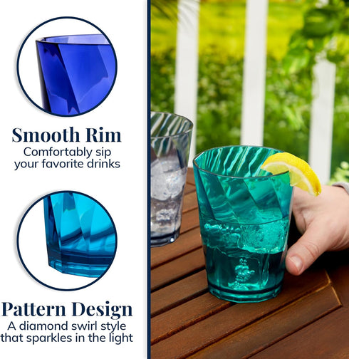 US Acrylic Optix Plastic Reusable Drinking Glasses (Set of 8) 14oz Rocks Cups in Coastal Colors | BPA-Free Tumblers, Made in USA | Top-Rack Dishwa...