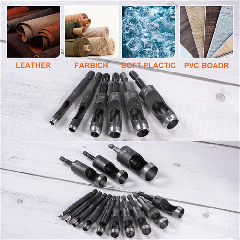Leather Hole Punch Tool 12mm 45#Steel 1/4 Hex Shank Drill Bits Electric Hollow Punch Set with 5.5" Half-Round File for Leathercraft Belt Fabric PV...