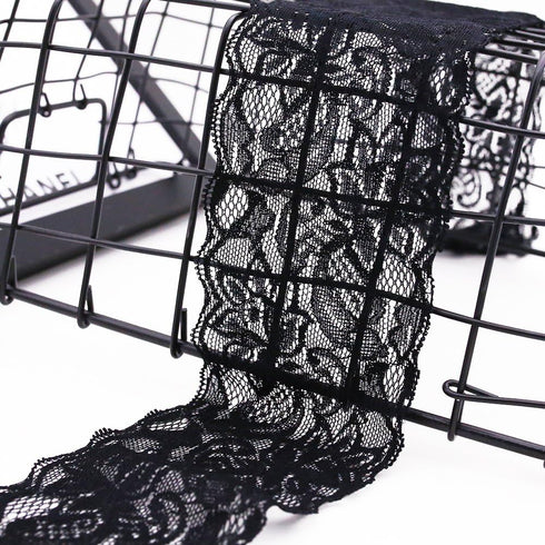 VGOODALL 3 Inch Black Lace Ribbon, 10 Yards Wide Lace Trim for Sewing Elastic Floral by Roll for Bridal Wedding Decoration DIY Sewing Craft Gift W...