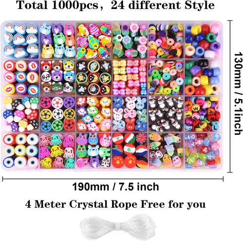 1000PCS Polymer Clay Beads Bracelet Making kit, 24 Style Cute Fun Beads Flower Animal Rainbow Eye Charms for Jewelry Necklace Earring Making DIY A...