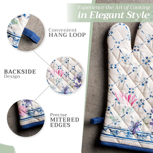 Maison d' Hermine 100% Cotton Oven Mitt & Pot Holder Set (7.5"x13" & 8"x8") Heat Resistant BBQ Cooking Gloves with Loop, Baking, Grilling, Kitchen...