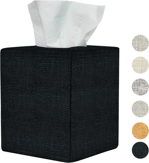 Black Tissue Box Cover, Cute Linen Fabric Decorative Square Tissue Box Holder/Organizer for Bathroom Vanity Countertop/Office/Nightstand/Desk...