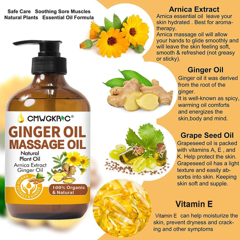 Ginger Oil,Ginger Massage Oil for Lymphatic Drainage,Natural Body Oil for Skin,Arnica Oil,Sore Muslce Massage Oil,Spa Ginger Oil-Warming and Relax...