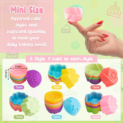 R HORSE 42Pcs Mini Size Silicone Molds, 2 x 0.8 inch Cupcake Multi Flower Shapes Baking Cups Non-Stick Donut Wrapper Mold Muffin Liners Washable f...