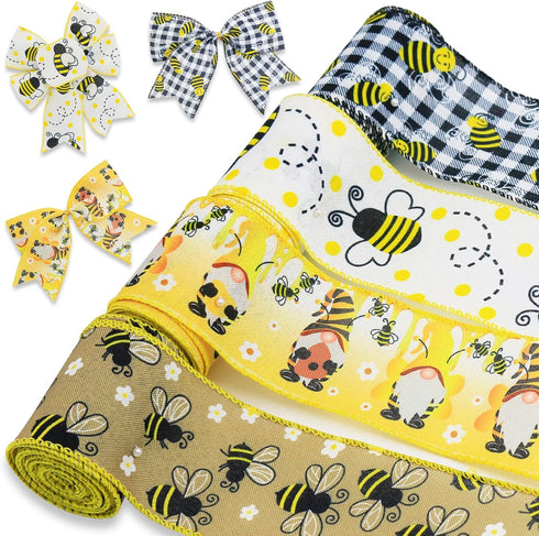 Bee Ribbon Bee Wired Edge Ribbons, Bumble Honey Bee Gnome Dot Yellow Wreath Ribbon Summer Teachers' Day Easter Sewing DIY Craft Bee Fabric Burlap ...