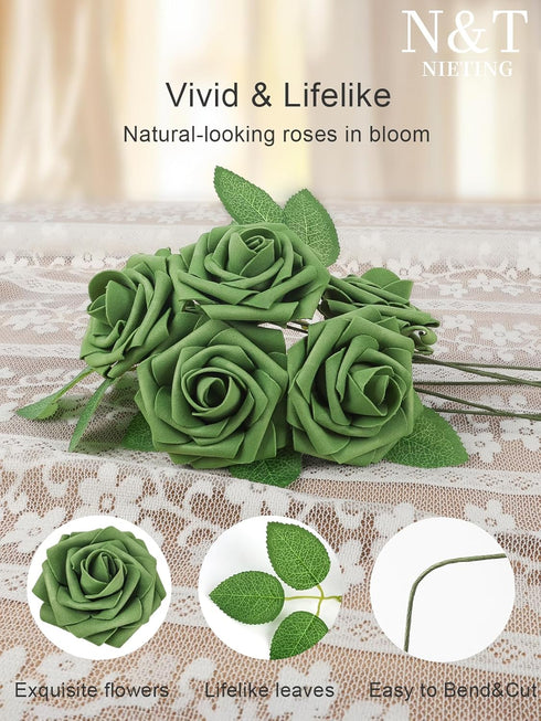 N&T NIETING Roses Artificial Flowers, 25pcs Artificial Flowers Foam Flowers with Stems for DIY Cake Decoration Wedding Party Home Decoration, Army...