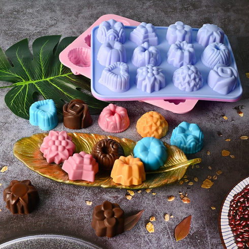 Sakolla 3 Pack Chocolate Flowers Silicone Molds 12 Cavity Flowers Heart Shape Candy Cake Molds for Baking, Cupcake, Jelly, Ice Cube, Muffin...