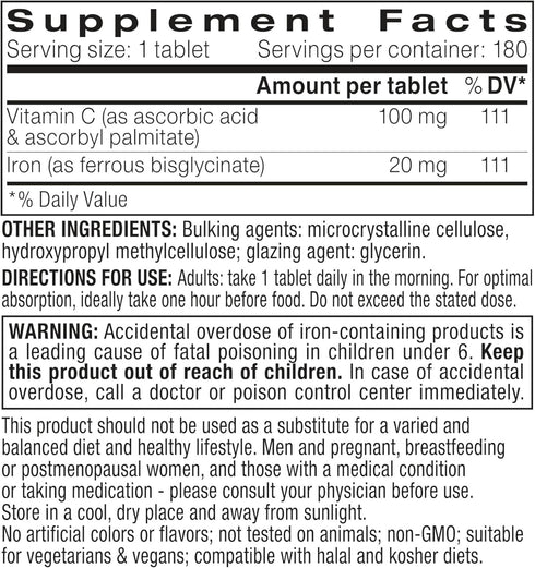 High Absorption Chelated Iron Bisglycinate 20mg with Vitamin C, Non Constipating Gentle Iron, 180 Tablets, Targeted Release, One Daily, Vegan, by ...
