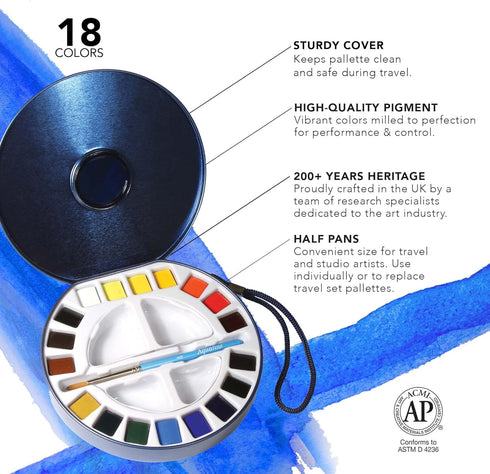 AQUAFINE Watercolour Metallkasten Reise-Dose 18 x 1/2 Naepfchen, 1 Pinsel, 2 Paletten...