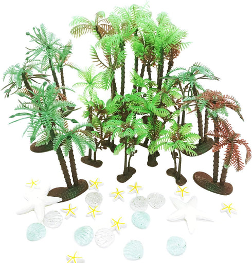 Allazone 42 PCS Coconut Palm Tree, 20 PCS Mini Plastic Artificial Palm Tree, 22 PCS Shell and Starfish for Cupcake Topper, Cake Decorations, Aquar...