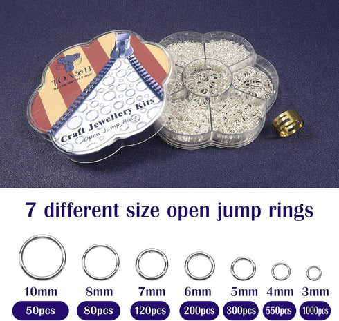 TOAOB 2300pcs Silver Jump Rings for Jewelry Making Open Jump Rings 3mm 4mm 5mm 6mm 7mm 8mm 10mm Jewelry Making Supplies with Opener Tool for DIY C...