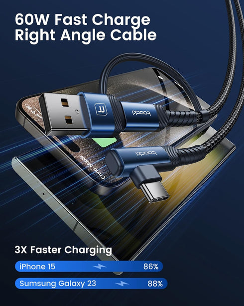 60W USB C to USB C Cable (2-Pack 6.6FT), Right Angle Fast Charging USB A to USB C Charger Cable Compatible with iPhone15 Pro Max/Plus/MacBook Air/...