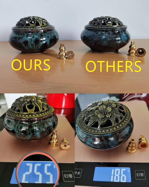 Ceramic Incense Burner with Incense Stick Holder + Insulation use for Stick or Coil Incense, Sage Cones and Frankincense (Fambe Blue)...