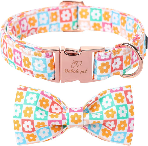 Dog Collar for Spring and Summer, Cotton Dog Collar with Bow with Safety Metal Buckle, Adjustable Puppy Collar for Small, Medium and Large Dogs L...