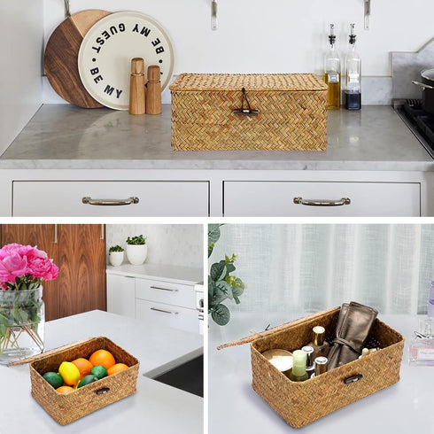 Hipiwe Wicker Shelf Baskets Bin with Lid, Handwoven Seagrass Basket Storage Bins Rectangular Household Basket Boxes for Shelf Wardrobe Home Organi...