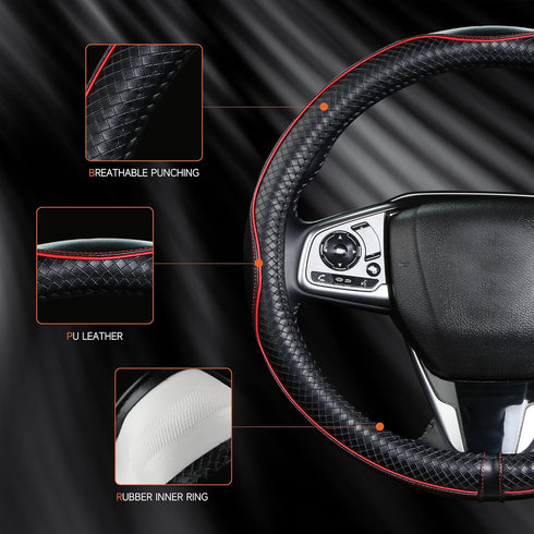Steering Wheel Cover?Black with Red line?Anti-Slip, Safety, Soft, Sports Style, Leather Steering Wheel Cover, Adaptable to 14.5-15 inches Steering...
