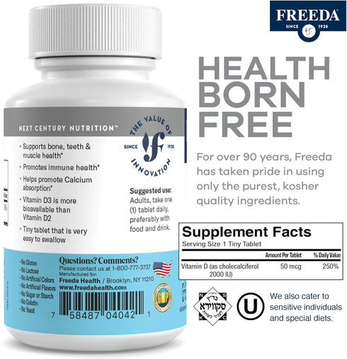 FREEDA Vitamin D3-2000 IU - Pure High Potency Kosher Supplement Tablets - Bone and Muscle Health, Calcium Absorption, Immune Support for Men and W...
