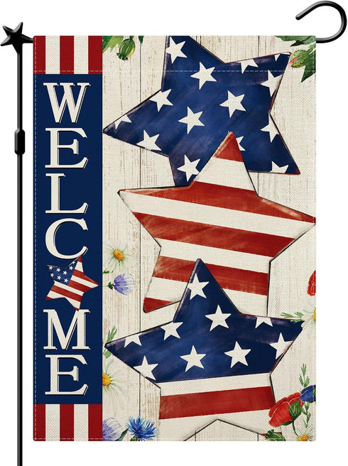 4th of July Garden Flag Welcome Stars Patriotic Striped Independence Day Flag Vertical Double Sided Patriotic Memorial Day American Veteran Holida...