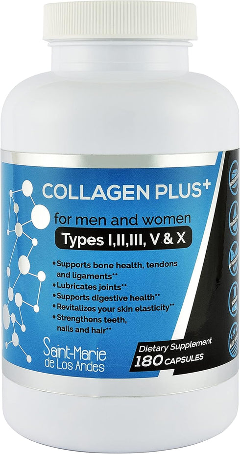 Multi Collagen Pills Plus + 180 Capsules (Types I, II, III, V & X) + Absorption Enhancer (3 Months Supply) - Non-GMO, Collagen Supplements to Supp...