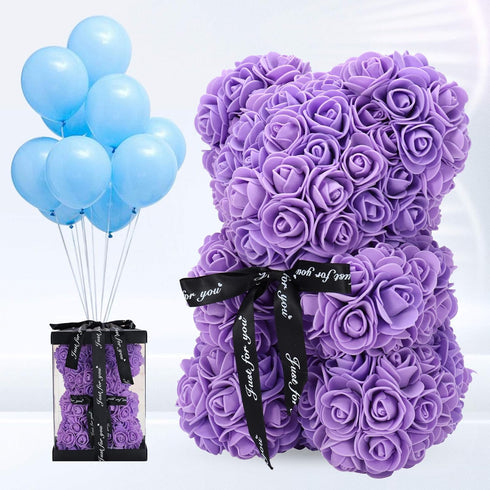 LINKLO Rose Bear Rose Teddy Bear -10 inch Artificial Rose Flower Bear, Gift for Wedding, Mothers Day and Anniversary, Including Transparent Gift B...