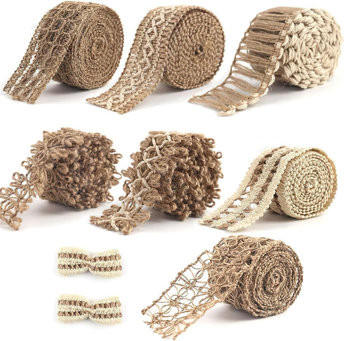 VGOODALL 7 Rolls Burlap Ribbon, Natural Jute Ribbons Lace Mesh Wedding Trim Decor, for DIY Wrapping Gifts Holiday Party Decorations...